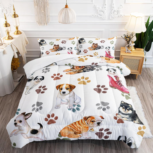 XYNHML Kawaii Cartoon All Kinds of Dogs Animal Themed Comforter 3Pcs Full Colorful Paw Printed Bedding Set for Kids Teens Girls Boys Bed Decor Cute Puppy Quilt with 1 Comforter and 2 Pillowcases