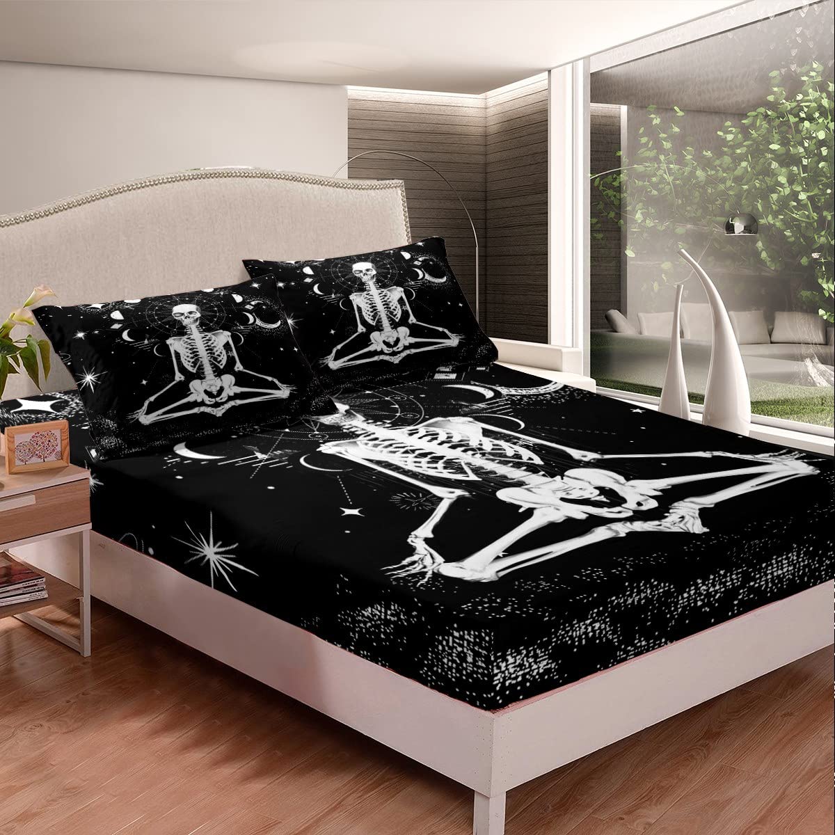 Erosebridal Skull Bed Sheets,Gothic Skeleton Sheet Set Queen Stars Moon Fitted Sheet Moon Phase Sheets Phychedelic Geometric Flat Sheet,Black White Decoratives for Home Bedroom,Super Soft Luxury…