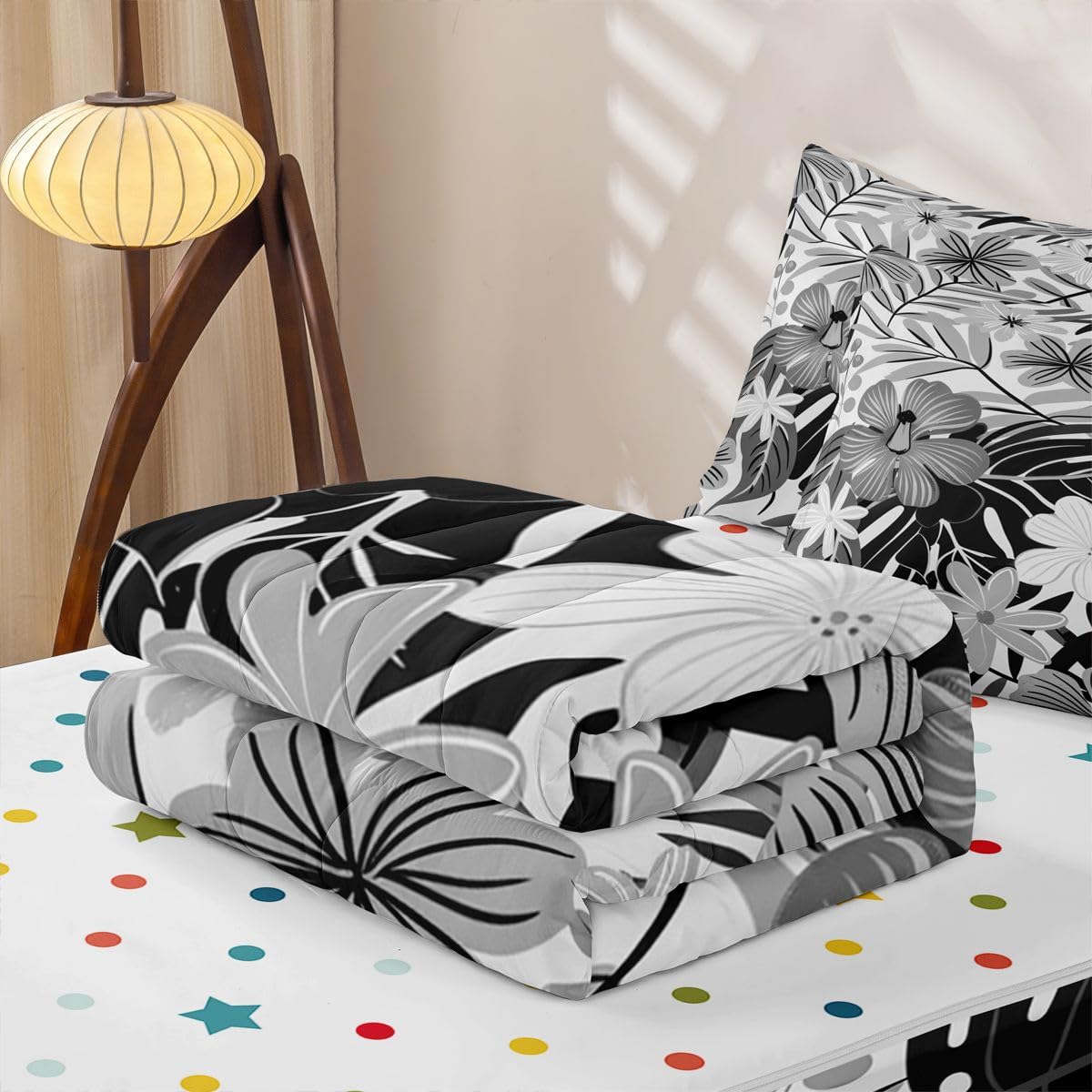 Feelyou Cute Grey Flower Zipper Bedding Sets for Kids Boys Girls Botanical Leaves Floral Queen Comforter Set with Fitted Sheet Aesthetic Flower Bedroom Decor Microfiber with 2 Pillow Cases