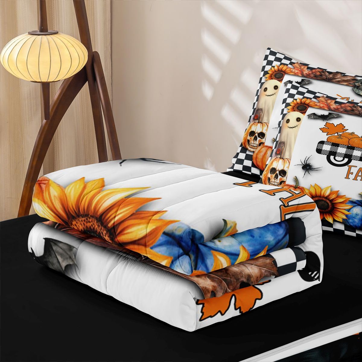 Feelyou Pumpkin Car Zipper Bedding Sets Kids Sugar Skull Bat Print Queen Comforter Set with Fitted Sheet Autumn Plants Themed Plaid Comforter Halloween Style Bed in A Bag