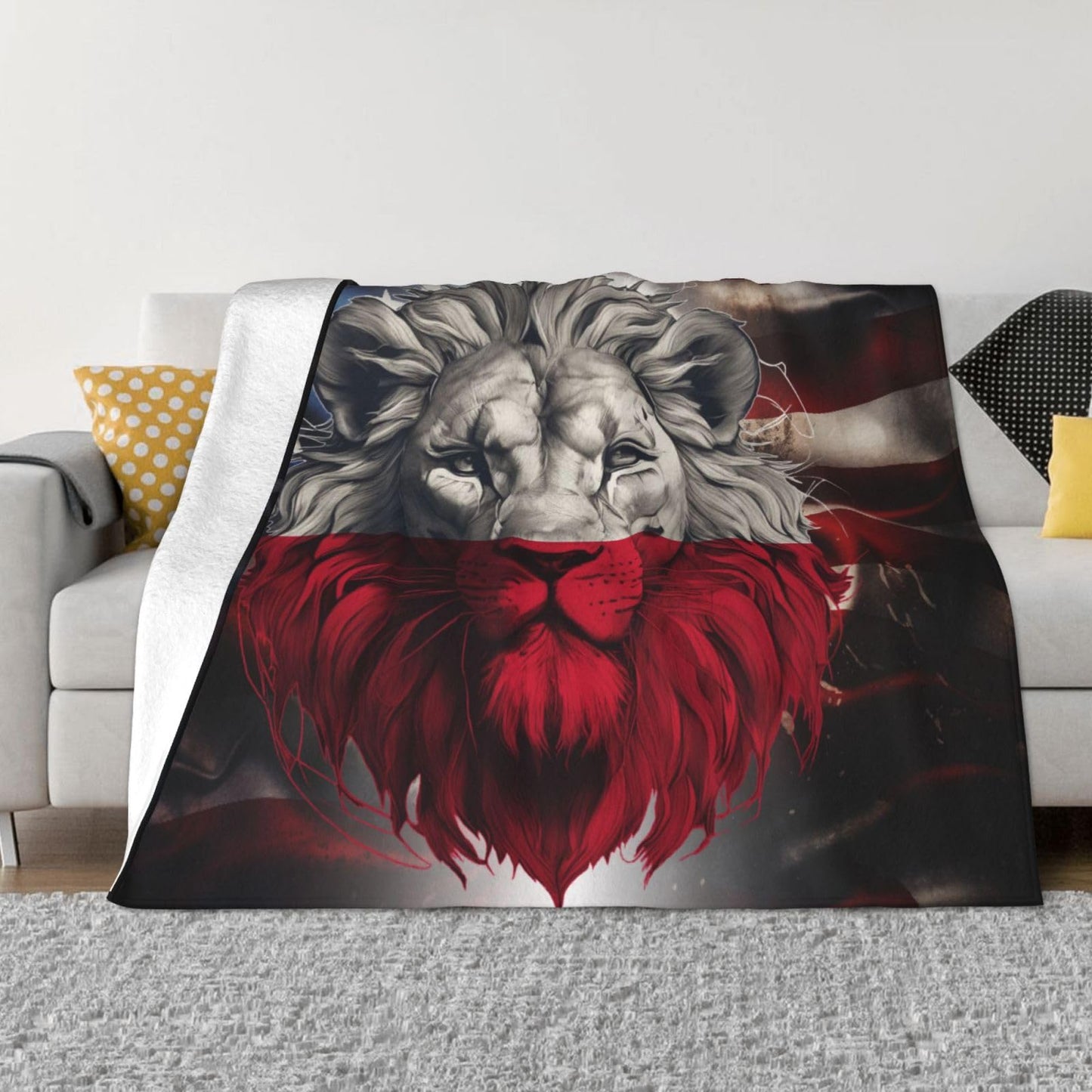 Lion Poland Polish Flag Throw Blanket - Soft Anti-Pilling Flannel, Lightweight & Warm, All Season Cozy Blanket for Couch Bed Office Travel Gift for Family 60"X50"