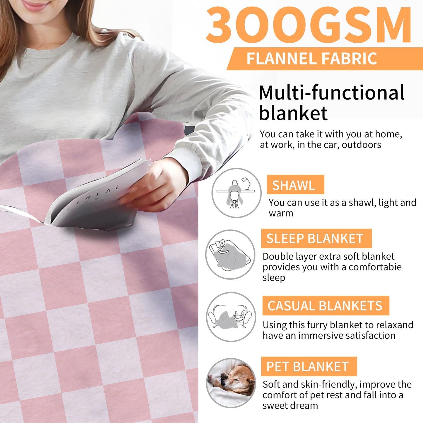 ANIOXCK Throw Blanket for Couch, 300GSM Warm Soft Cozy Flannel Blanket, Cute Blanket for All Seasons Bedroom Home Decor Gifts, Pink Cute Checkerboards 50x60 Inches