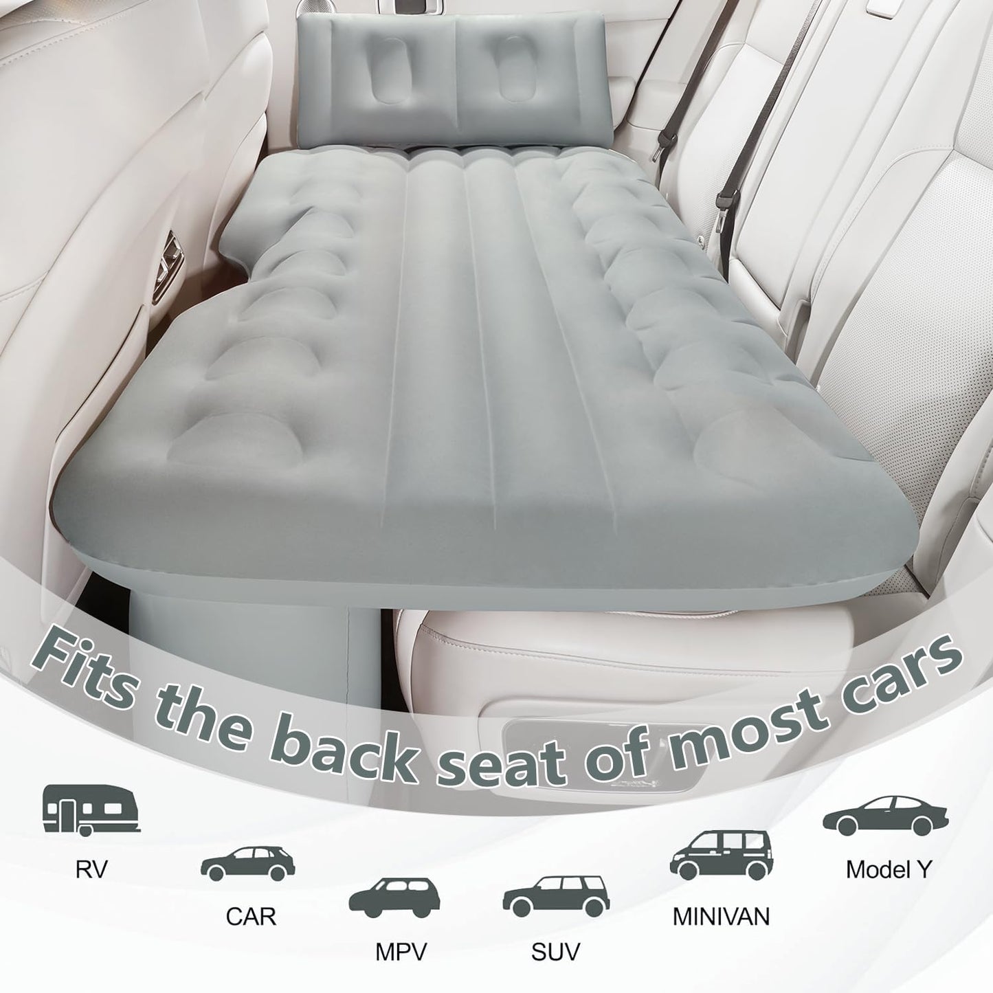 BEBAS Inflatable Car Air Mattress for Back Seat & SUV - All-in-One Design with Built-in Pump & Pillow, Quick 1-Key Inflation/Deflation, Comfort Portable Bed for Camping, Travel, Trucks | Gray