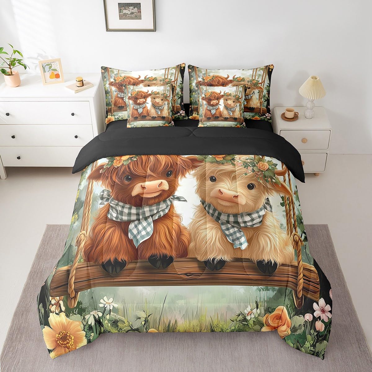 Erosebridal Kids Highland Cow 7 Piece Bedding Sets Western Cow Comforter Bed in a Bag Farmhouse Animal Printed Quilt with Sheet Set,for Children Boy Girl Teen Kids Bedroom Decor,King 7Pcs