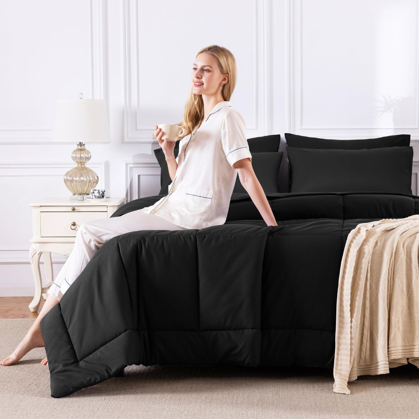 CozyLux Queen Comforter Set Black, 7 Pieces Bed in a Bag, Black Comforters Queen Size, All Season Bedding Sets with Stitch Quilted Comforter, Flat Sheet, Fitted Sheet, Pillowcases