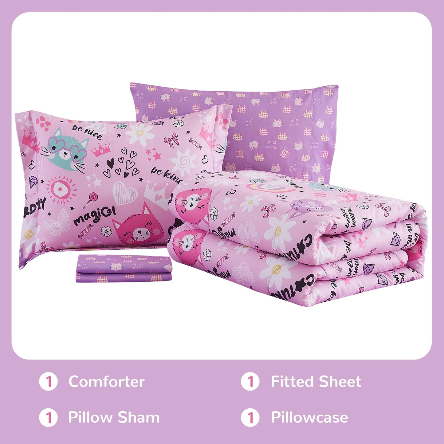 Viviland Kids Twin Bedding Sets for Girls, Soft Twin Comforter Set with Sheets, 5 Pieces Microfiber Bed in a Bag, Pink Cat Kitty