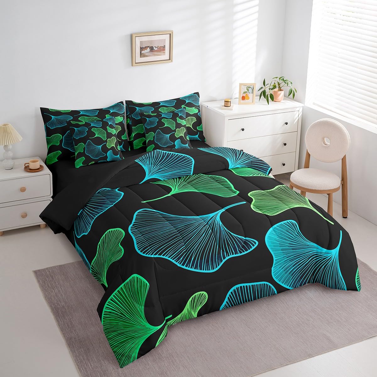 Erosebridal Ginkgo Leaves Comforter Set 7 Piece Bed in a Bag Twin,Teal Green Ginkgo Biloba Leaf Bedding Sets Botanical Sheet Set with Comforter,Jungle Plant Ginkgo Folium Bed Set