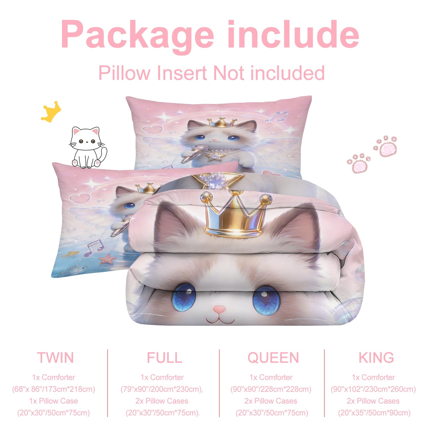 VTKON 3D Cat Bedding Set Twin Size for Girls Kids Teens Soft Kitten Pink Blue Comforter Set Cute Ragdoll Cat Print Pattern Bed Set Singing Angel Animal Quilt Set with 1 Comforter + 1 Pillow Case