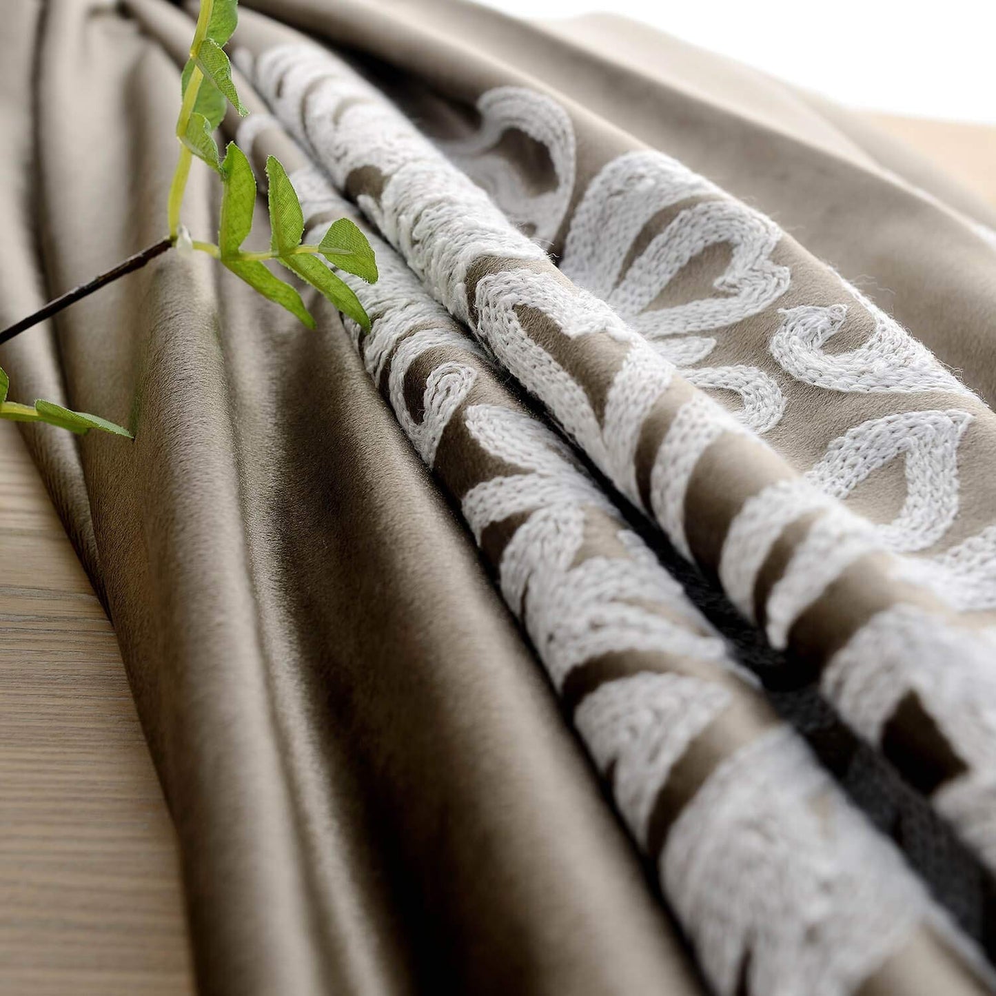 VOGOL Super Soft Luxury Velvet Blackout Curtains, Grommet White Flower Embroidered Soft Chocolate Brown Flannel Draperies for Living Room, 52 x 96 Inch, 2 Panels, Noise Reduction