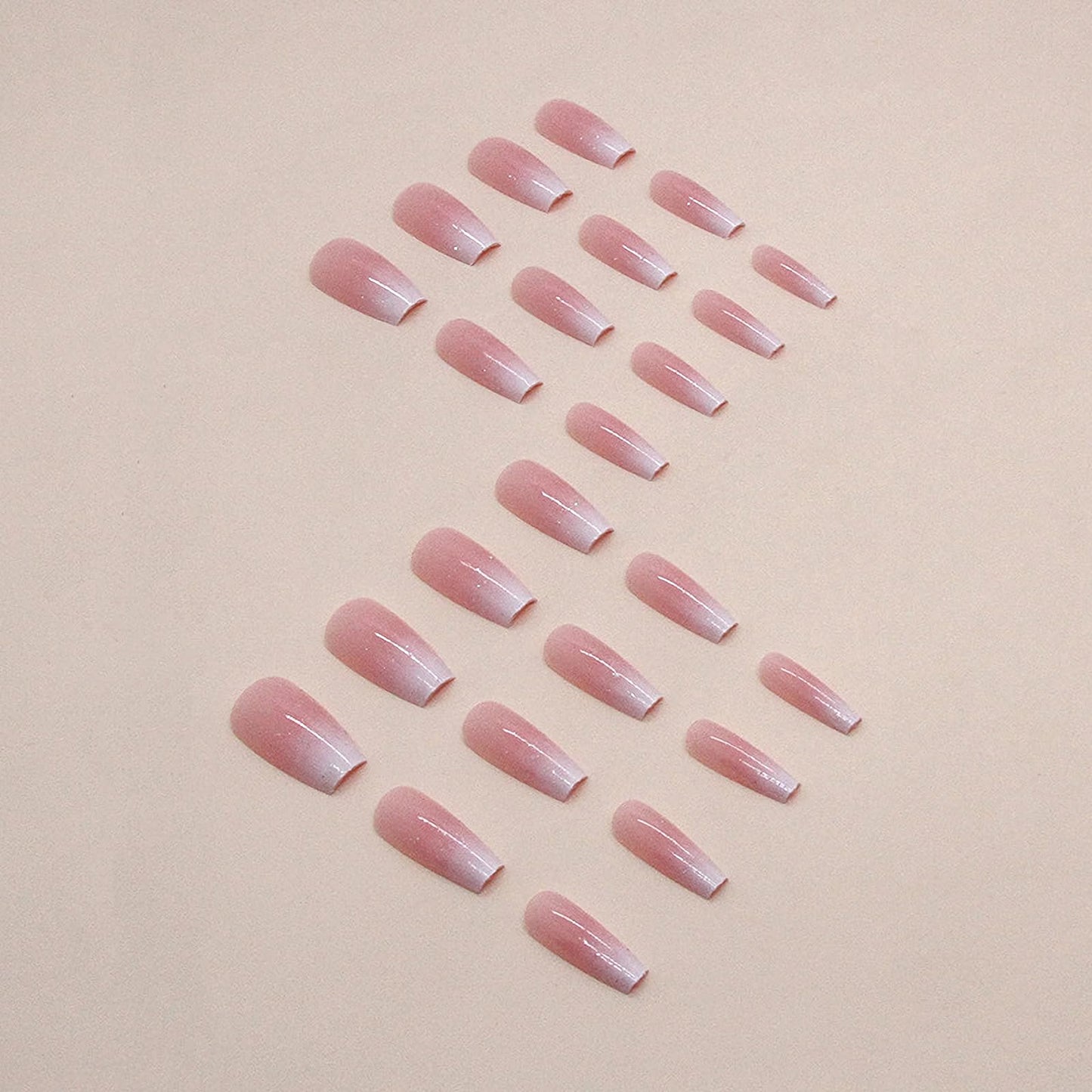 MISUD Press on Nails - Long Coffin Fake Nails with Pink White Ombre, Acrylic Bling Glitter Design 24 pcs