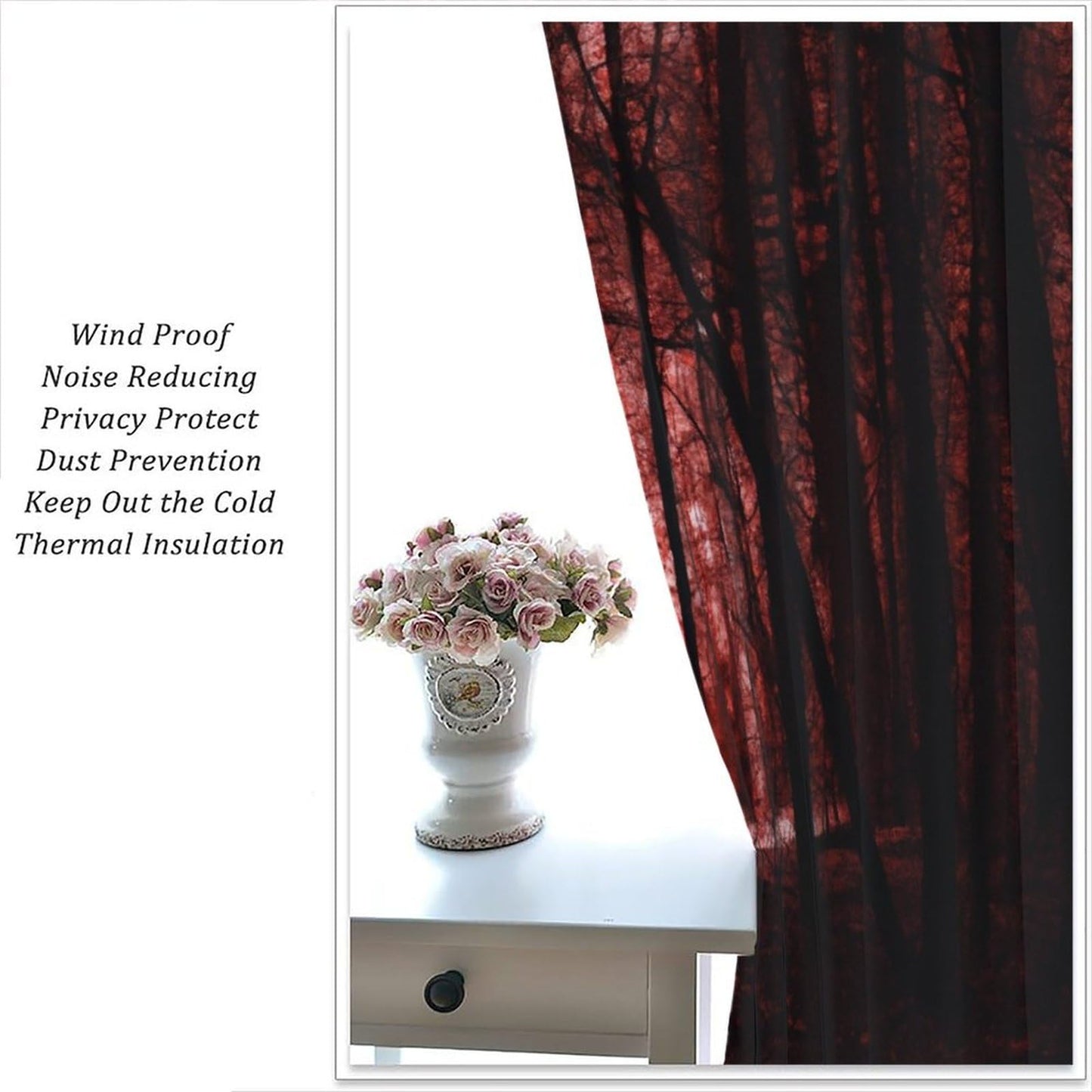 SHElifestyle Gothic Dark Red Forest Curtains, Haunted Creepy Landscape Forest Window Treatments Spooky Horror Halloween Trees Window Drapes for Bedroom Living Room W42 X L45