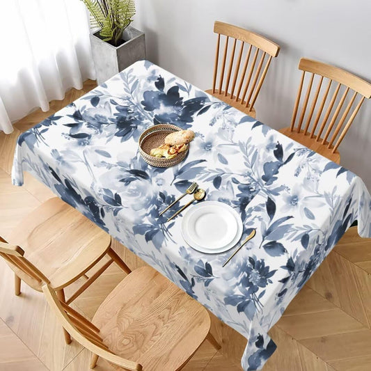 Sunshineyan Navy Blue Floral Tablecloth 60 x 84 Inch Rectangle, Dark Blue and White Flower Tablecloths Tablecloths Polyester Spring Table Cloth for Holiday Parties Kitchen Dining Indoor Outdoor