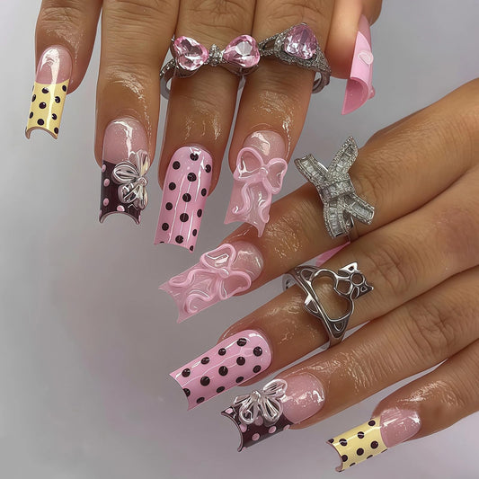 MISUD Press on Nails - Long Square Fake Nails with Pink Yellow, Acrylic Polka Dot Flower Bow Design 24 pcs