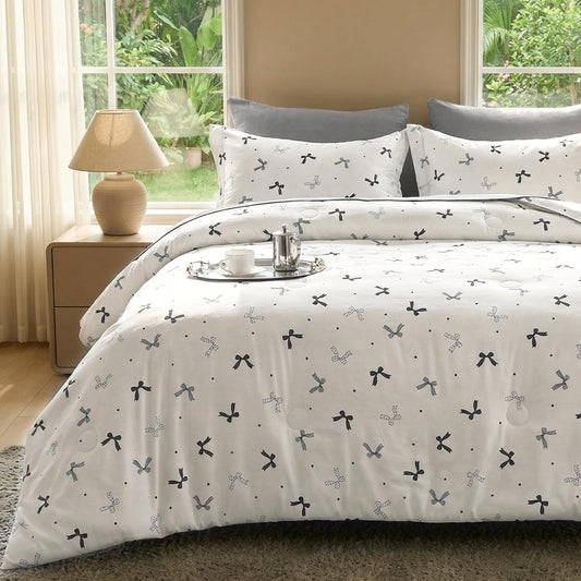 Jameswish 7 Pieces Black Bow Comforter Set for Girls Kids Soft Fluffy Bedding Set Full Size Bed in A Bag as Gifts (1 Comforter, 1 Flat Sheet, 1 Fitted Sheet, 2 Pillowcase and 2 Pillow Sham)
