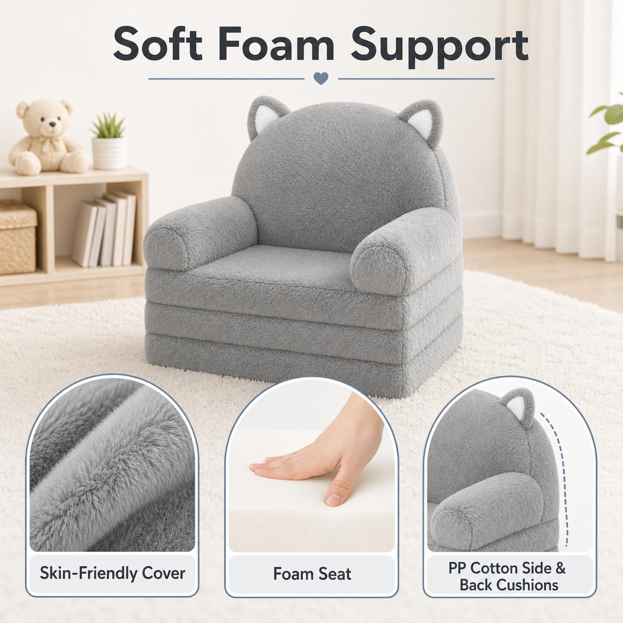 MONKISS Kids Couch, Comfy Toddler Chair, 2 in 1 Fold Out Kids Sofa, Baby Sitting Chair with Washable Cover, Toddler Furniture for Reading, TV and Playroom, Birthday Gifts, 1-4 Years Old, Grey Cat