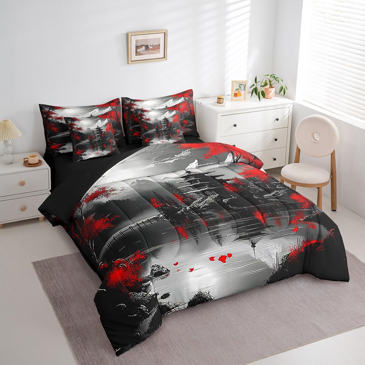 Erosebridal Japanese Style Queen Bedding Set 7 Piece,Cherry Blossom Comforter Set with Sheets,Red and Black Oriental Bed Set Vintage Mountain Scene Bed in a Bag with Fitted+Flat Sheet,Pillowcases