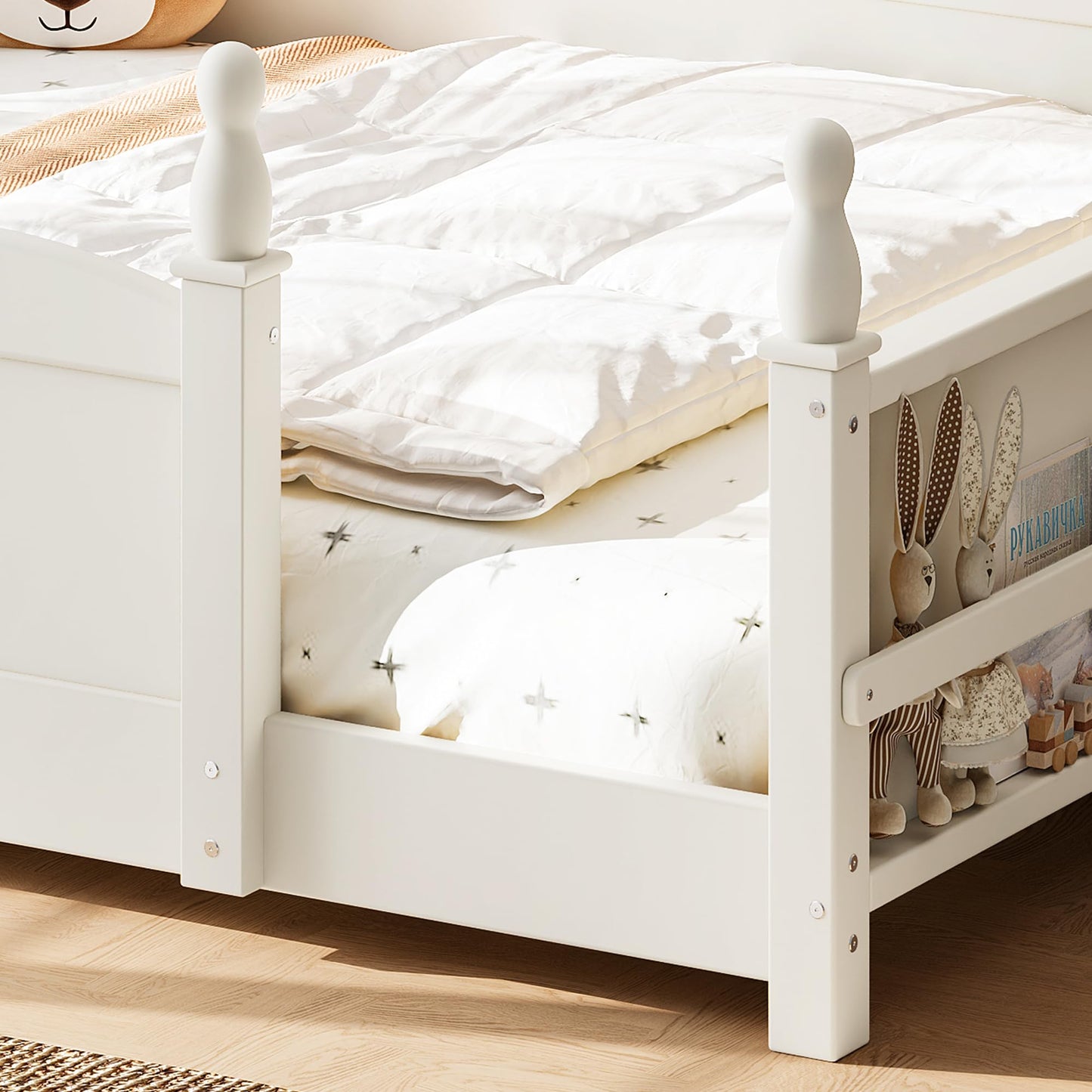 KEIKI Full Size Wood Montessori Floor Bed Frame with Beside Book Shelf, for Girls and Boys, Floor Bed with Full-Length Guardrails & Slats, Easy Assembly, No Box Spring Required, for Bedroom, Beige
