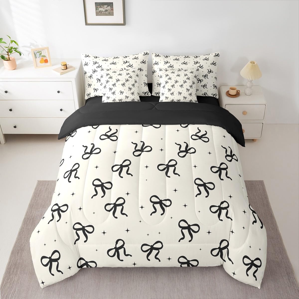 Erosebridal Black and Beige Bow Comforter Set with Sheets Teen Girls Coquette Bow Twin Size Bedding Modern Fashion Bed in A Bag 7-Piece for Women Minimalists Aesthetic Bowknot Bed Collections