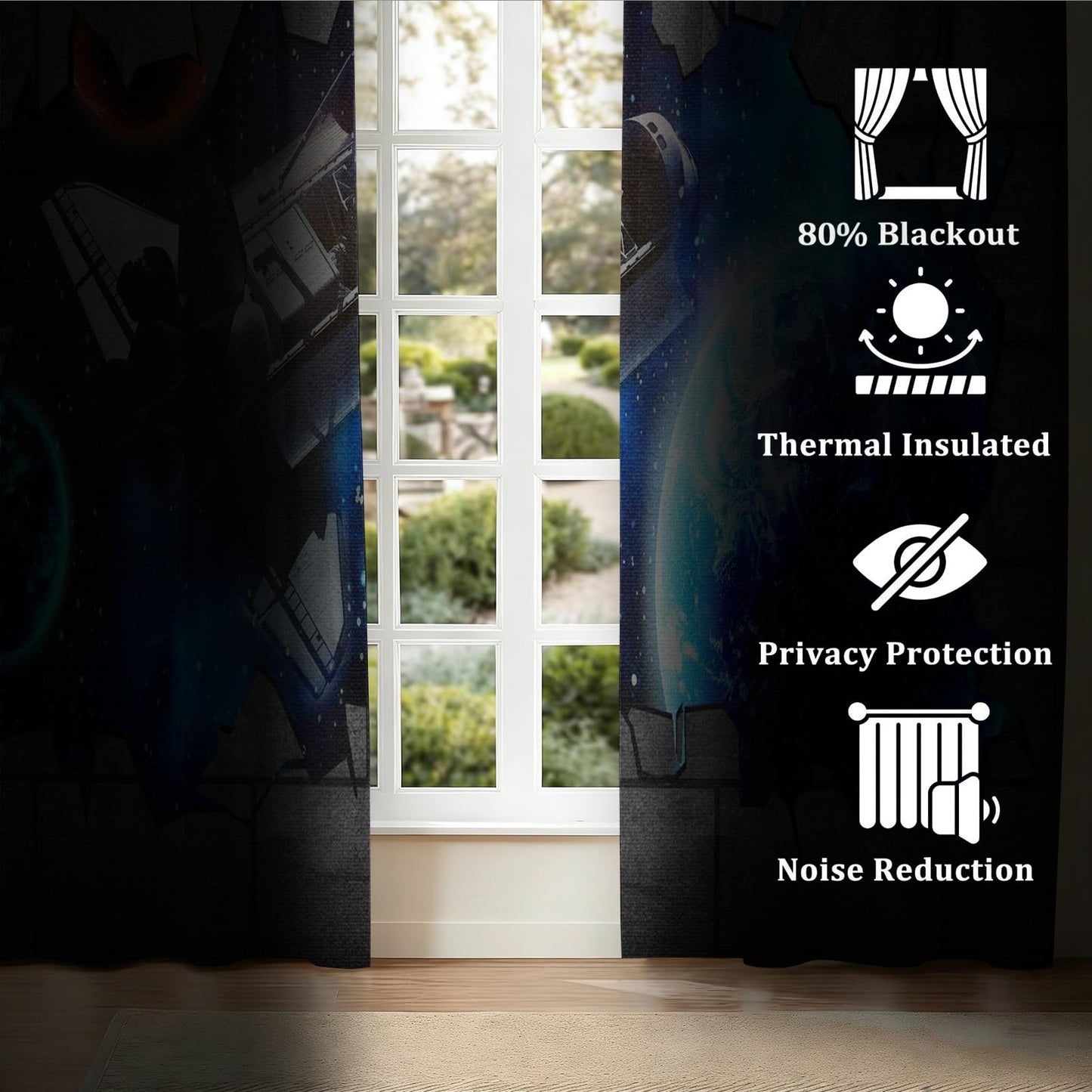 MBVZGUK 3D Space Grommet Curtains 54 Inch Long 2 Panels, Galaxy Space Shuttle Earth Planet Broken Wall Window Drapes, Thermal Insulated Room Darkening Curtains for Kids Nursery Playroom