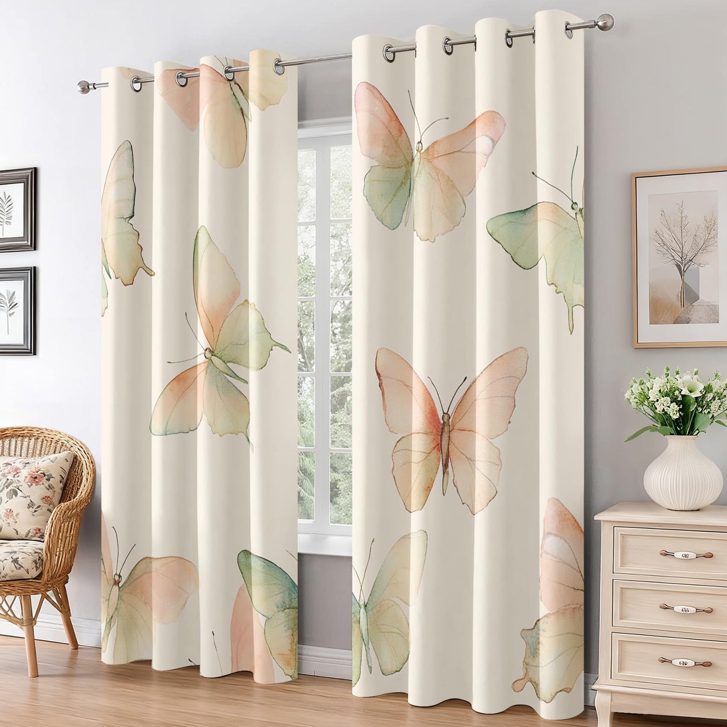 Dreamy Butterfly Curtains for Living Room, Thermal Insulated Pastel Butterfly Blackout Curtains 63 Inches Long, Grommet Drapes Window, Girls Insect Bedroom Decor, 2 Panels H2d-63