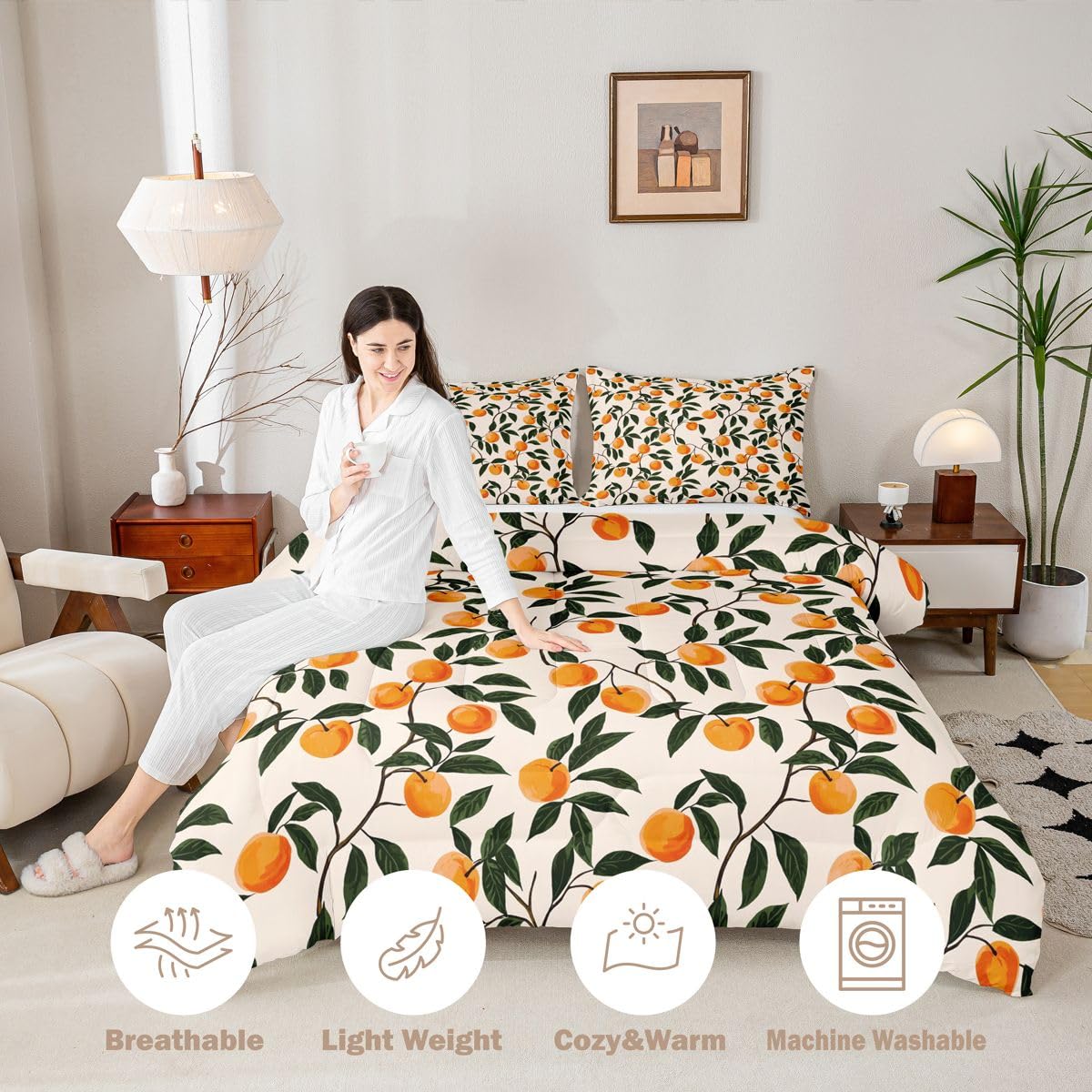 Manfei Cartoon Oranges 2Pcs Comforter Set Twin Size Country Rustic Bedding Set Kids Teens Adult Room Decor Botanical Themed Duvet Insert,1 Pillowcase Cute Fruit Printed