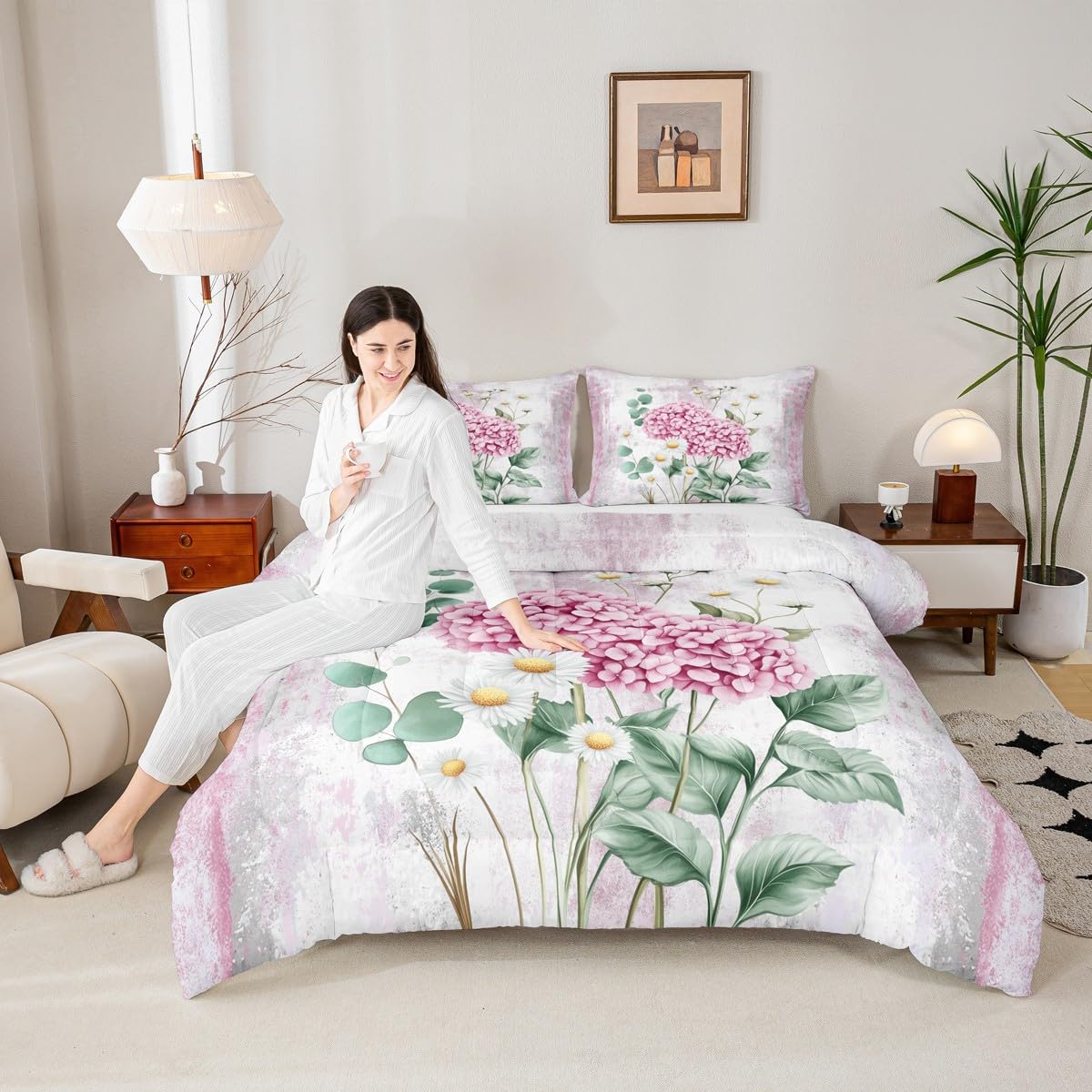Erosebridal Watercolor Flowers Queen Comforter Set Abstract Oil Painting Hydrangea Bedding Set Rustic Farmhouse Bed Set Ombre Pink Green White Quilt Set