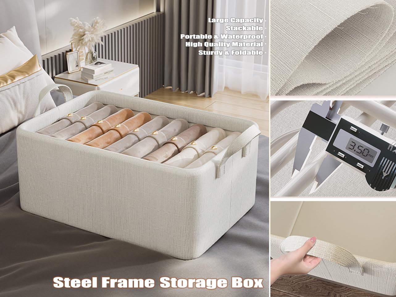 AARAINBOW 4 Pcs Closet Clothes Organizer with Handle, Fabric Storage Box with Steel Frame Stackable Shelf Storage Bins Foldable Fabric Storage Baskets for Organizing Sweater Pants, 23L (B 4 White)