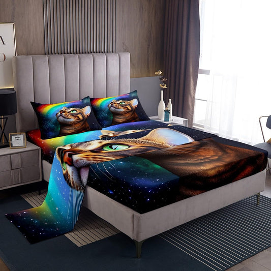 Erosebridal Galaxy Cat Bed Sheets 4 Pcs Kids Girls Boys Teens Rainbow Cat Sheet Set Full Animal Themed Sheets Set + Deep Pocket Fitted Sheets+ Fashion Starry Sky Flat Sheet + Room Decor