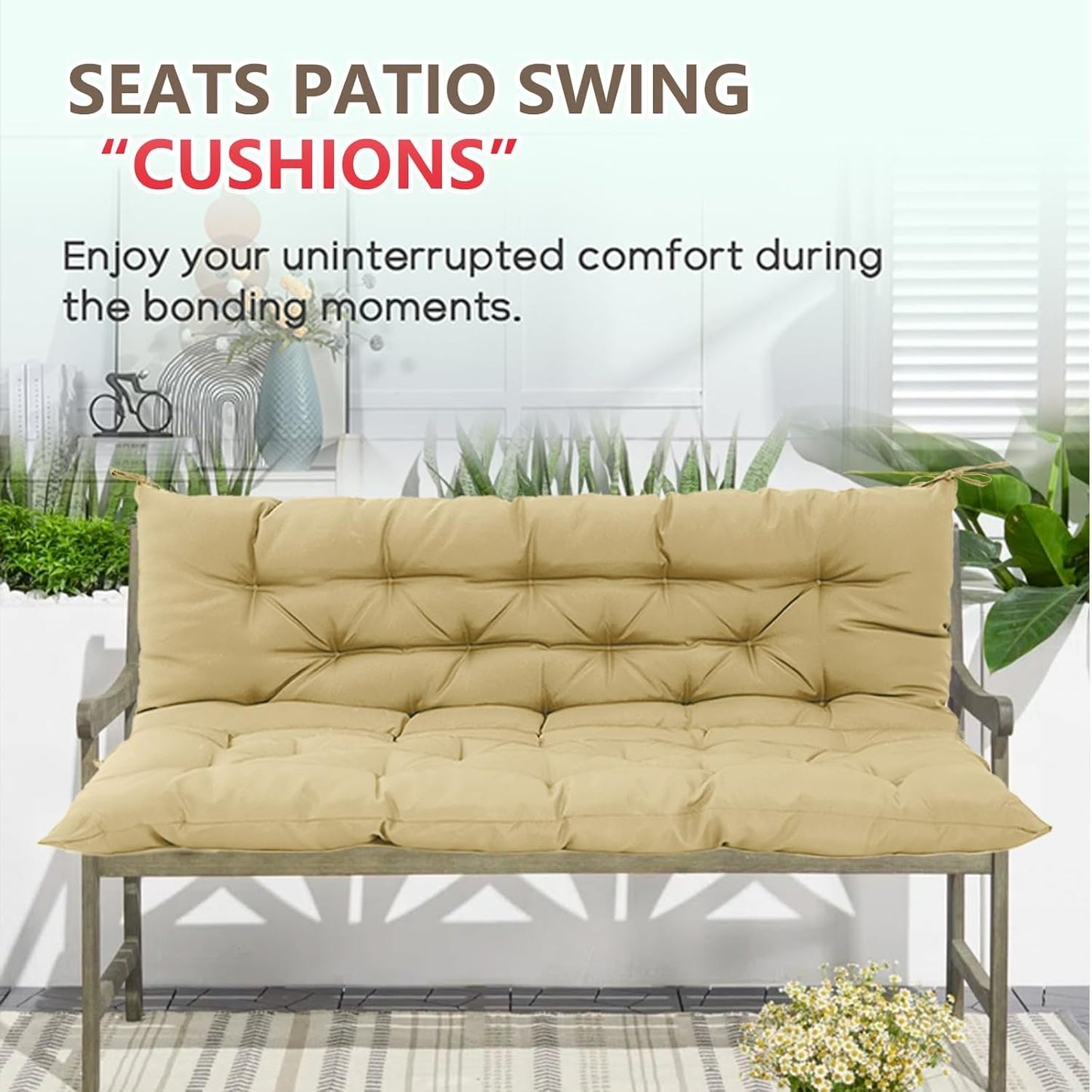 Longmu Living Porch Swing Cushions, Outdoor Swing Cushions 3 Seater Replacement with Backrest, Thickened Swing Cushion with Ties,Patio,Outdoor,Backyard and Gard (Khaki, 60 * 40 * 4 inches)