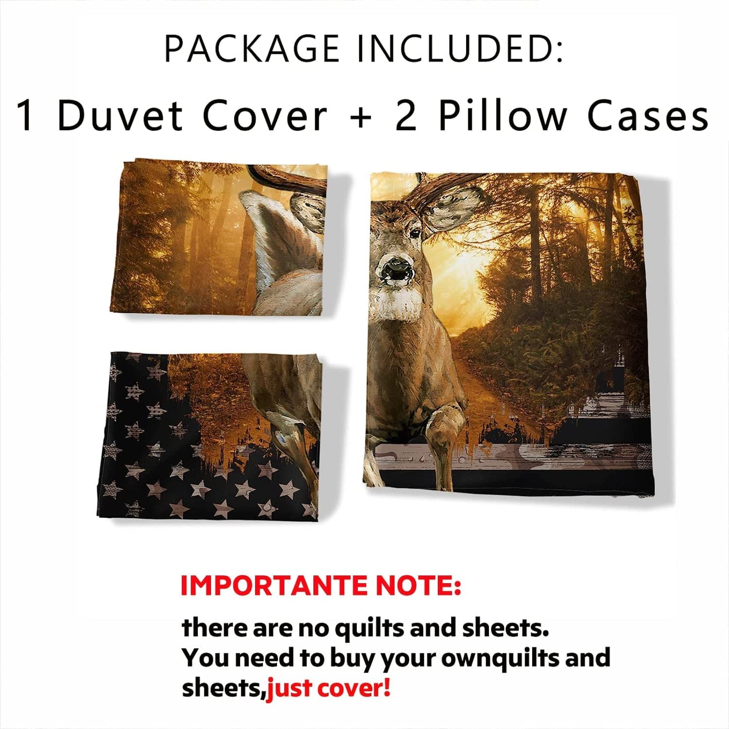 CVHOUSE Deer Hunting Duvet Cover Queen Size,American Flag Bedding Set,Deer Theme Comforter for Boys Kids Teens,1 2 Pillowcases 3 Piece Queen 89'x89'