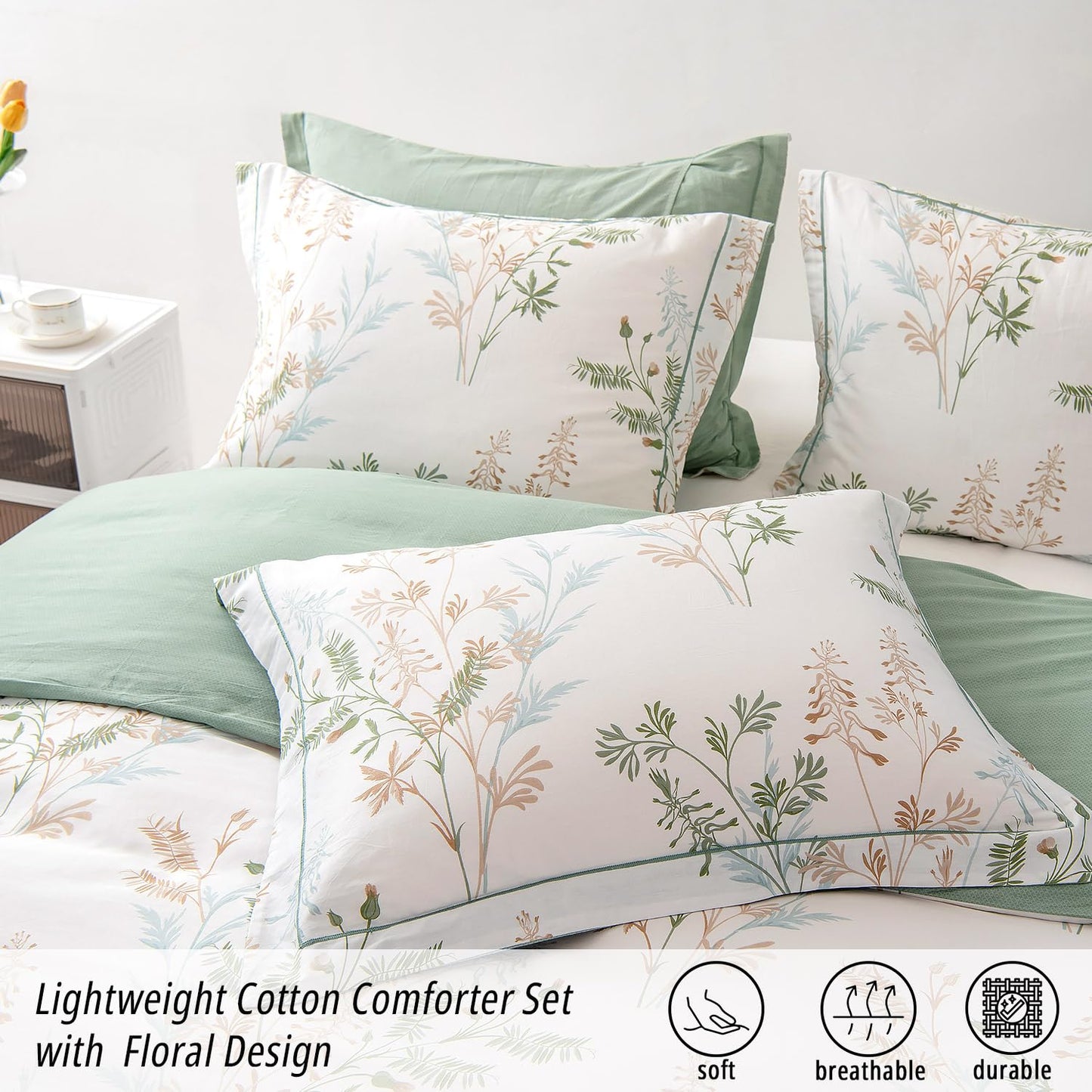 ALEISSEL Natural Cotton 3pcs Botanical Comforter Sets King Size-Green Comforter with Luxurious Tan & Gray Leaves on White, Reversible Lightweight Floral Bedding Sets(King 104"×90")