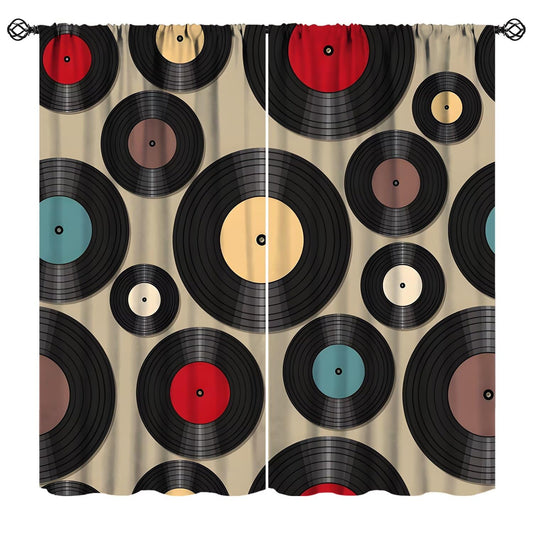 Nsbul Retro Vinyl Record Curtains, Colorful Musical Record Music Themed Window Drapes for Bedroom Living Room, 42" W X 45" L(No Blackout)