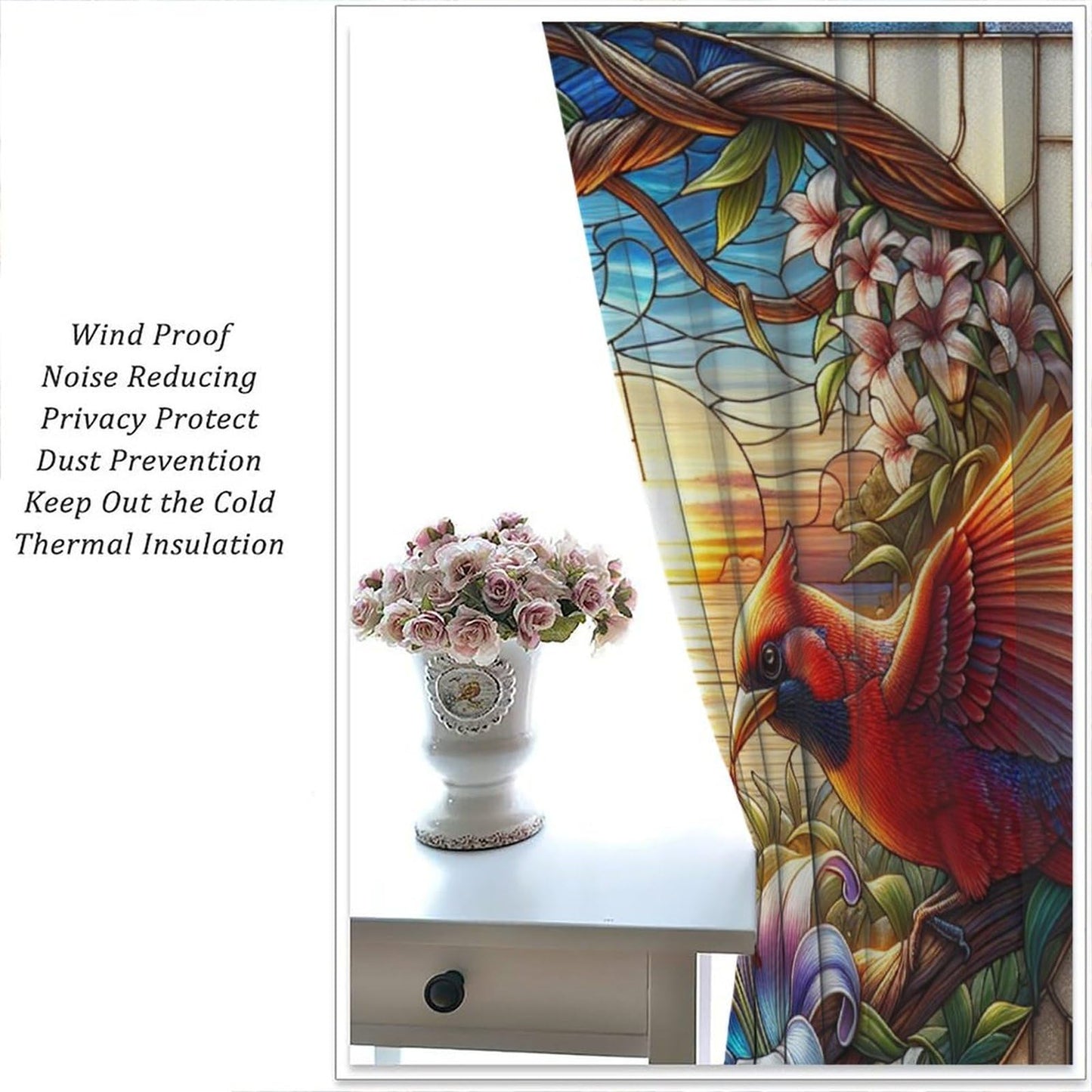 FengMingRui Stained Glass Cardinal Curtain Nature Scenery Floral Flowers Bird Abstract Geometry Window Treatments for Kids Boys Girls Bedroom Living Room Window Drapes 42" W X 45" L