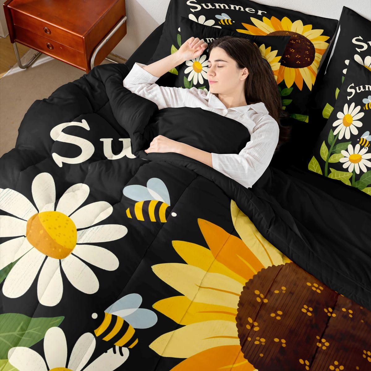 Erosebridal Summer Sunflower Bee Queen Bedding Set Retro Floral Bee Comforter Set with Flat and Fitted Sheet Kids Boys Girls Boho Garden 7-Piece Bed in a Bag Minimalist Floral Art Quilt Sets