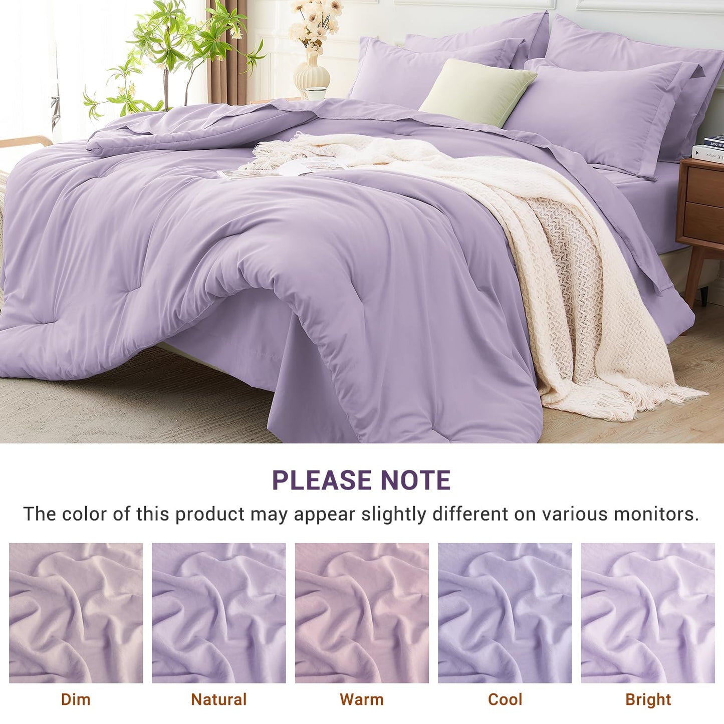 MUXHOMO 7 Pieces Queen Comforter Set, Soft Bed in a Bag Queen Size, All Season Bedding Set with Comforter, Flat Sheet, Fitted Sheet, Pillowcases & Shams, Lavender