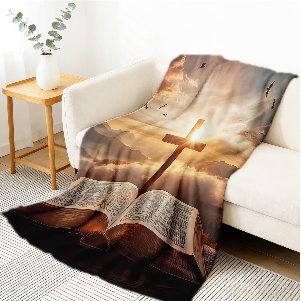 HUNXIAOJ Christian Flannel Blankets for Women Men Adults Cross and Scripture Decor Print Blankets Throw Soft Inspirational Decor Christ Gifts 59"x70"