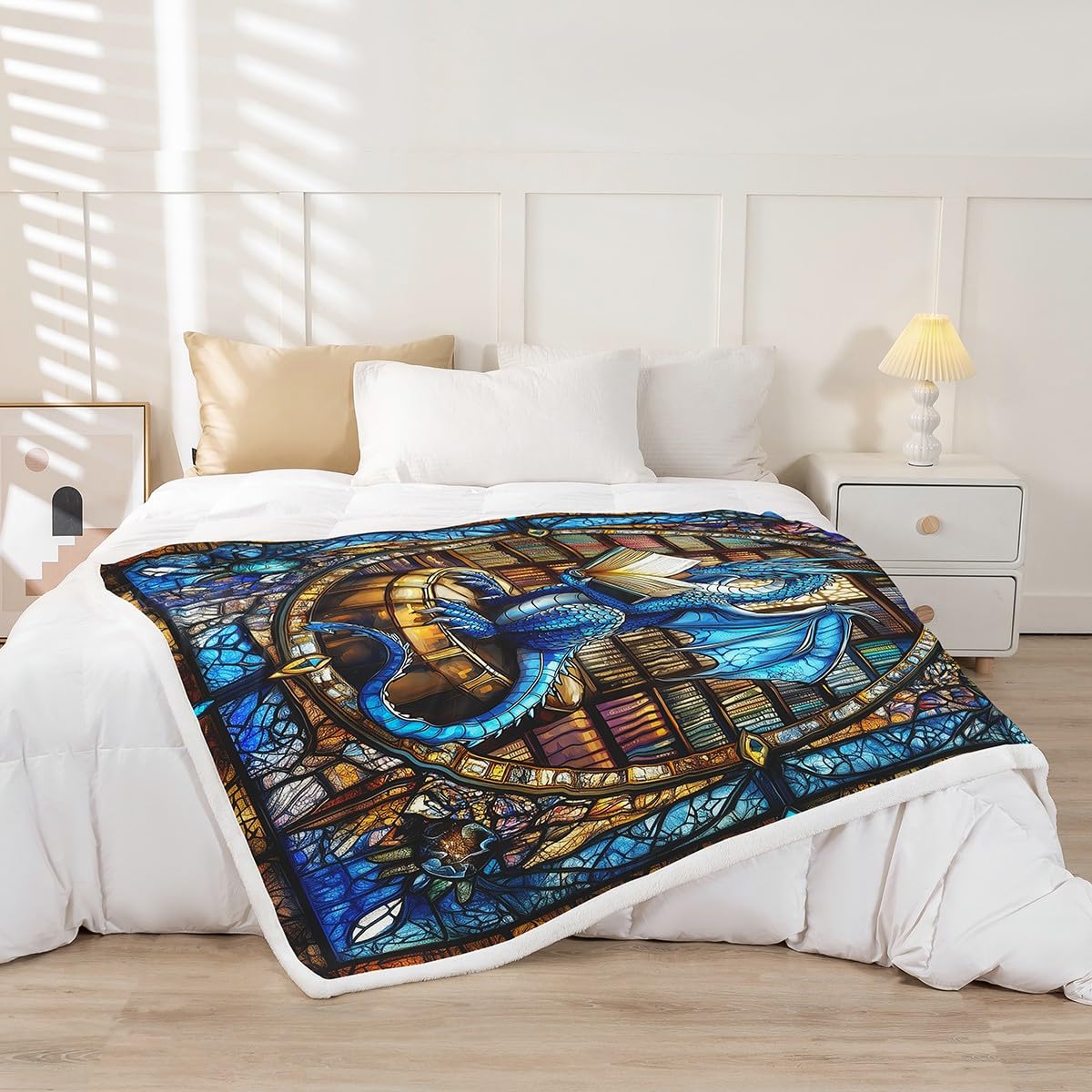 Western Dragon Kids Throw Blanket,Blue Dragon Reading Book Bookshelf Bed Blanket for Boys Girls,Geometric Patchwork Abstract Fleece Blanket,Trippy Chic Fuzzy Blanket,Throw Size (50 x 60 Inches)