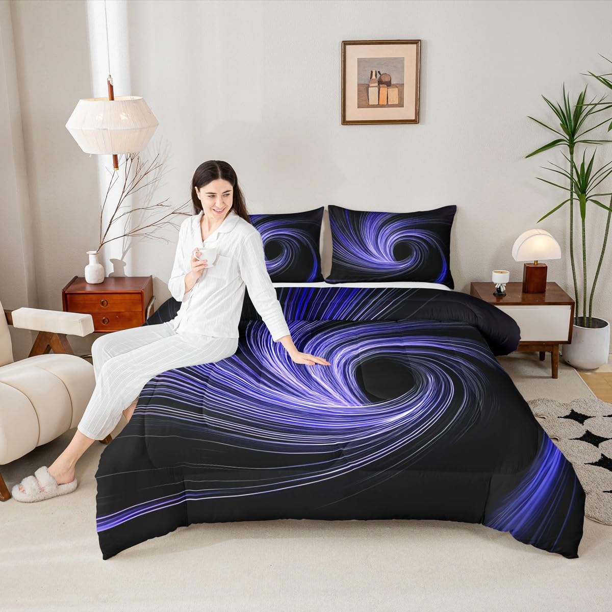 Erosebridal Blue Black Comforter Set King Modern Striped Circle Swirl Bedding Set Black Hole Abstract Geometric Comforter for Kids Boys Girls,Geometric Stripes Line Artwork Quilt Duvet