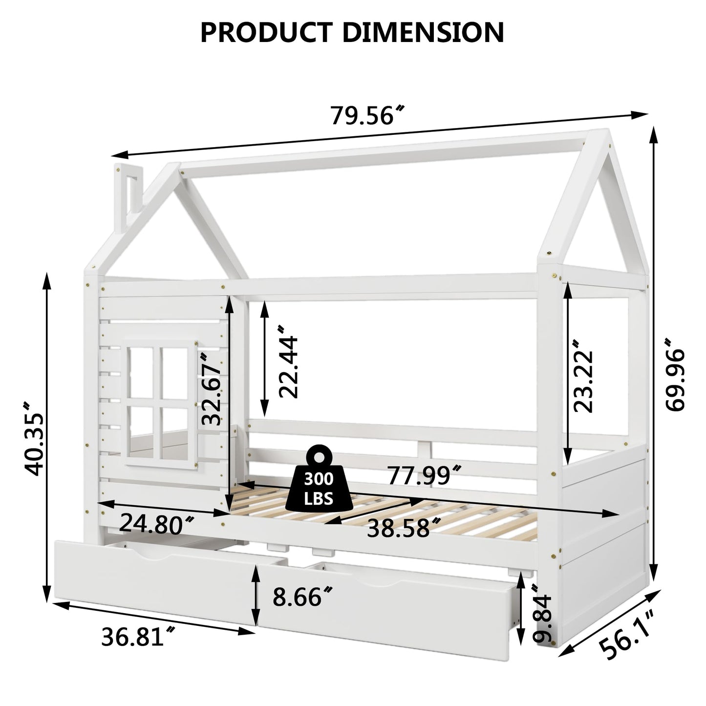HUMEHA Full Size House Bed for Kids with 2 Storage Drawers, Full Playhouse Bed Frame with Roof and Window, Kids Full Size Bed Frames with Slats, Modern Wooden Montessori Bed for Bedroom, Full-White