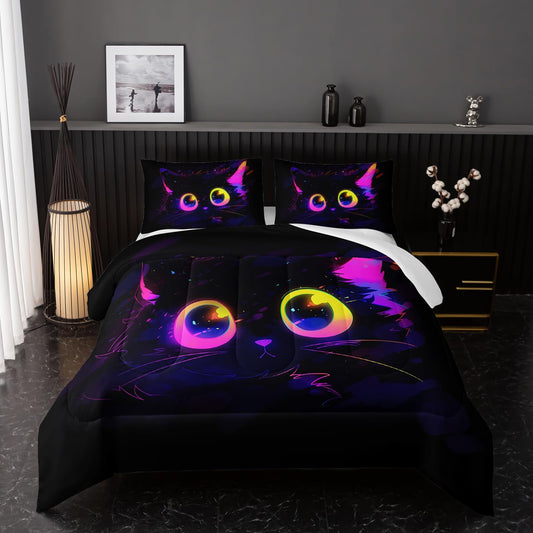 Nttopship Cute Cat Kids Comforter Set Twin Size 3pcs Black in Dark 3D Digital Animals Printed Pattern Comforter Set for Kids Boys Girls Adults Animal Print Room Decor with 2 Pillowcases