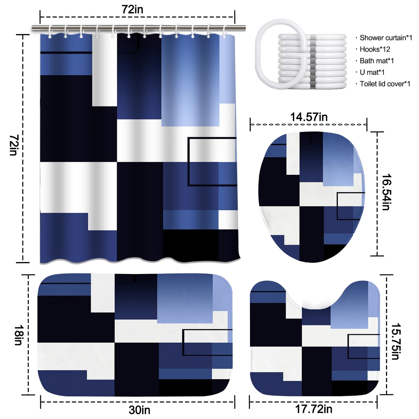 KINUUIS 4 Pcs Navy Blue Geometric Bathroom Shower Curtain Sets with with Toilet Lid Cover and Non-Slip Rugs,Navy Blue Bathroom Decor Sets with Shower Curtain and Rugs for Bathroom