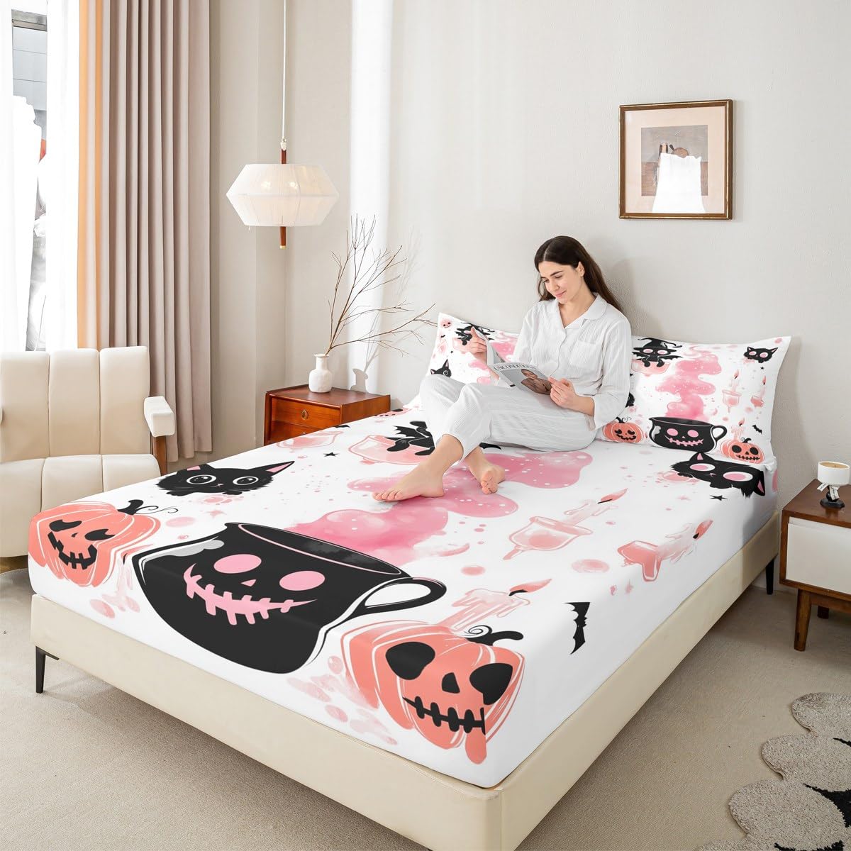 Feelyou Kids Halloween Bed Sheets Set Full Size, Pumpkin Sheet Set Boys Girls Cute Ghost Bedding Set Black Cat Teens Bedroom Decor with 2 Pillow Case