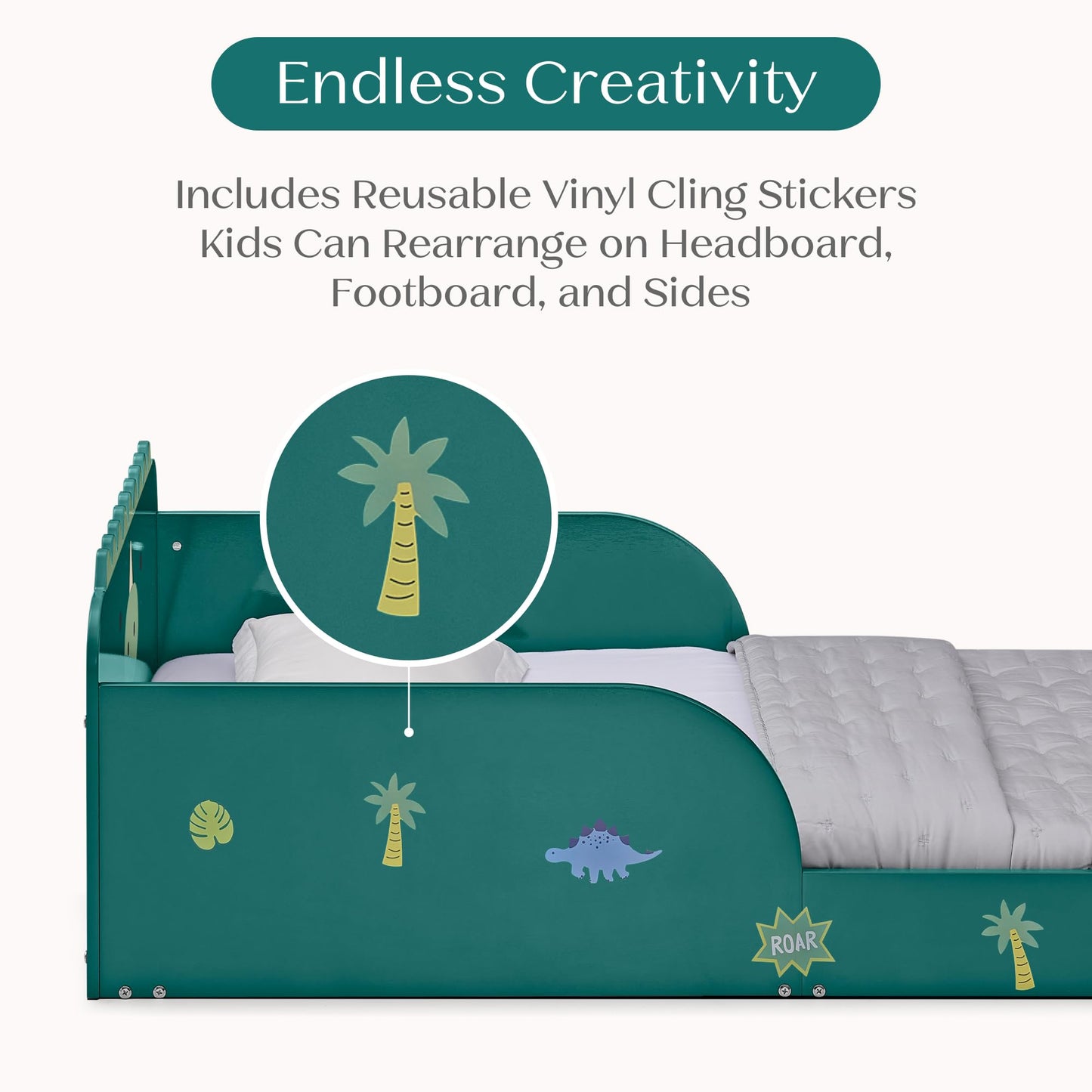 Delta Children Dino Wood Floor Toddler Bed with Reusable Stickers, Green