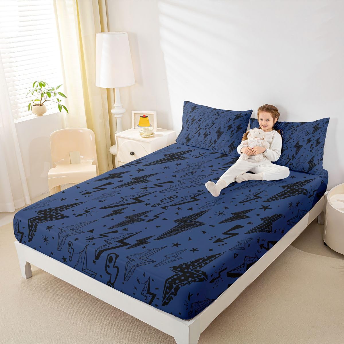 Castle Fairy Black Lightning Fitted Sheet Queen Size (No Flat),Gaming Bedding Sets 3Pcs,Girls Boys Adult Room Decor,Cartoon Natural Warning Bed Sheets Modern Cool Deep Pocket Sheet,2 Pillowcases