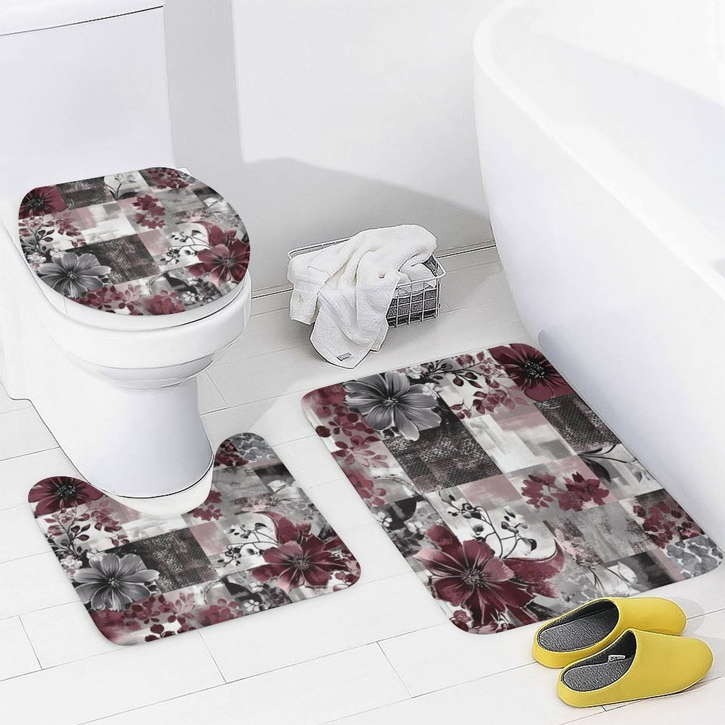 DIPQIMI 4Pcs Red Grey Flower Shower Curtain Sets with Rugs, Toilet Lid Cover and Bath Mat, Beautiful Patchwork Botanical Bathroom Shower Curtains Set with 12 Hooks