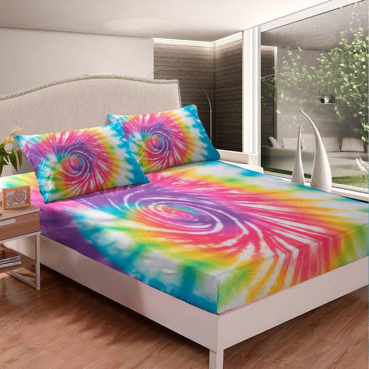 Feelyou Boho Psychedelic Bedding Set Rainbow Tie Dye Fitted Sheet for Girls Boys Children Multicolor Bohemian Gypsy Bed Cover Decorative Bed Sheet Set Chic Twin Size