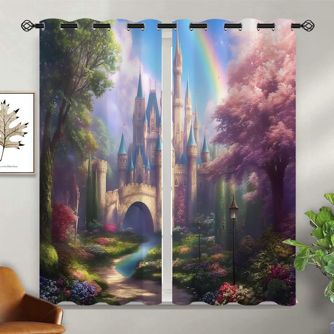 18TH CROZY Dreamy Castle Blackout Curtains for Girls Boy Home Decor, Fairy Tale Forest World Rainbow Grommet Thermal Insulated Drapes Darkening Window Curtain for Bedroom Living Room, 42 x 45 Inch