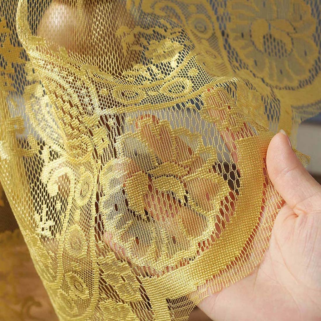 JAIJY Vintage 60 inch Yellow Lace Tablecloth Floral Embroidered Boho Shabby Chic Small Table Cover for Wedding Halloween Party Dinning Holiday, 1 Piece