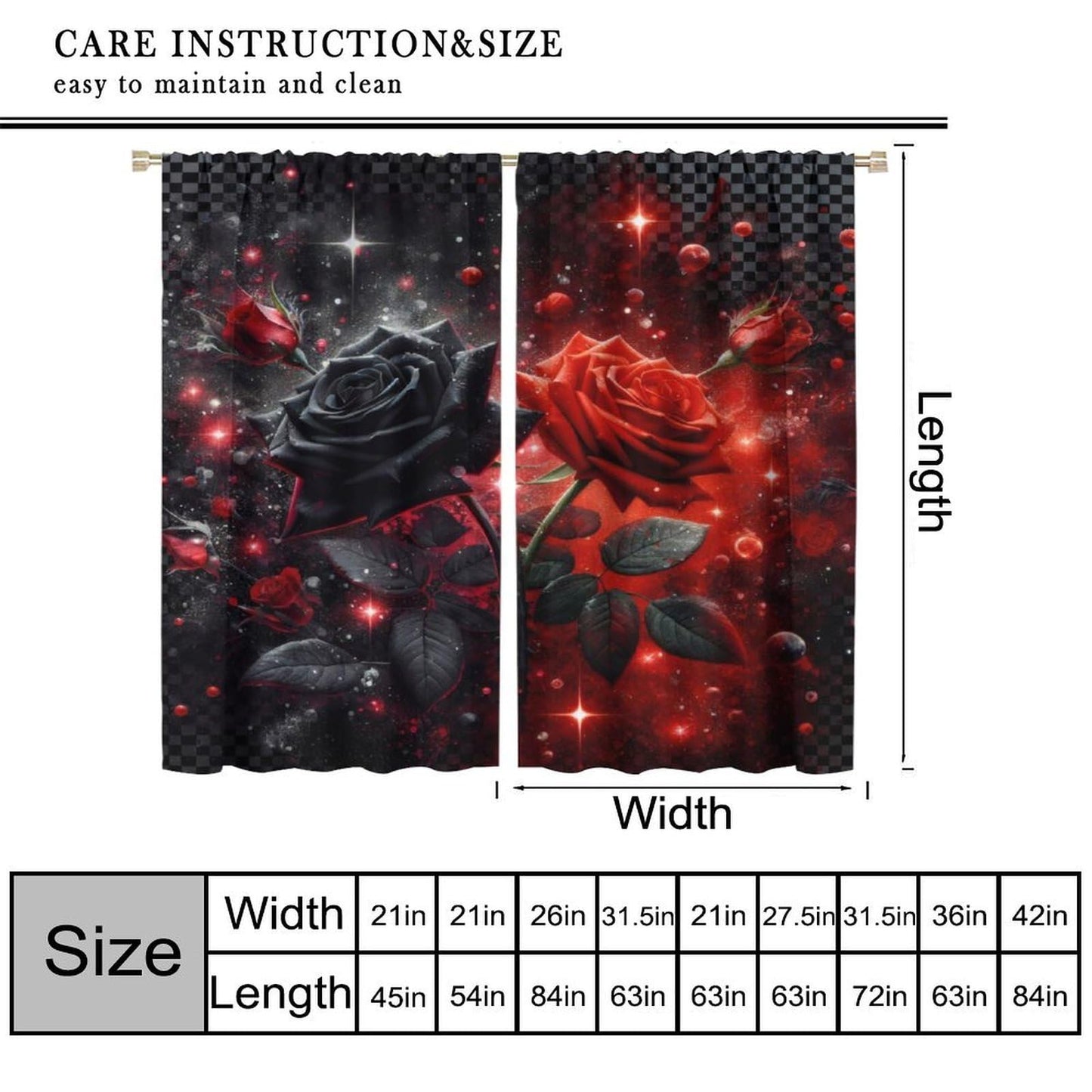 GoDazzling Red Rose Curtains, Valentine's Day Red Rose Abstract Modern Art Black Red Vintage Window Drapes, for Bedroom Living Room 41" W X 45" L (No Blackout)