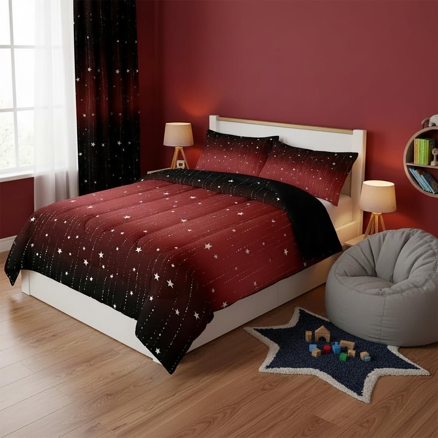 QOOMO 3Pcs Glitter Star Comforter Set Twin,Galaxy Bedding Set for Teens Boys Girls,Red and Black Printed Comforter with 2 Pillowcases,Down Alternative,Soft and Lightweight